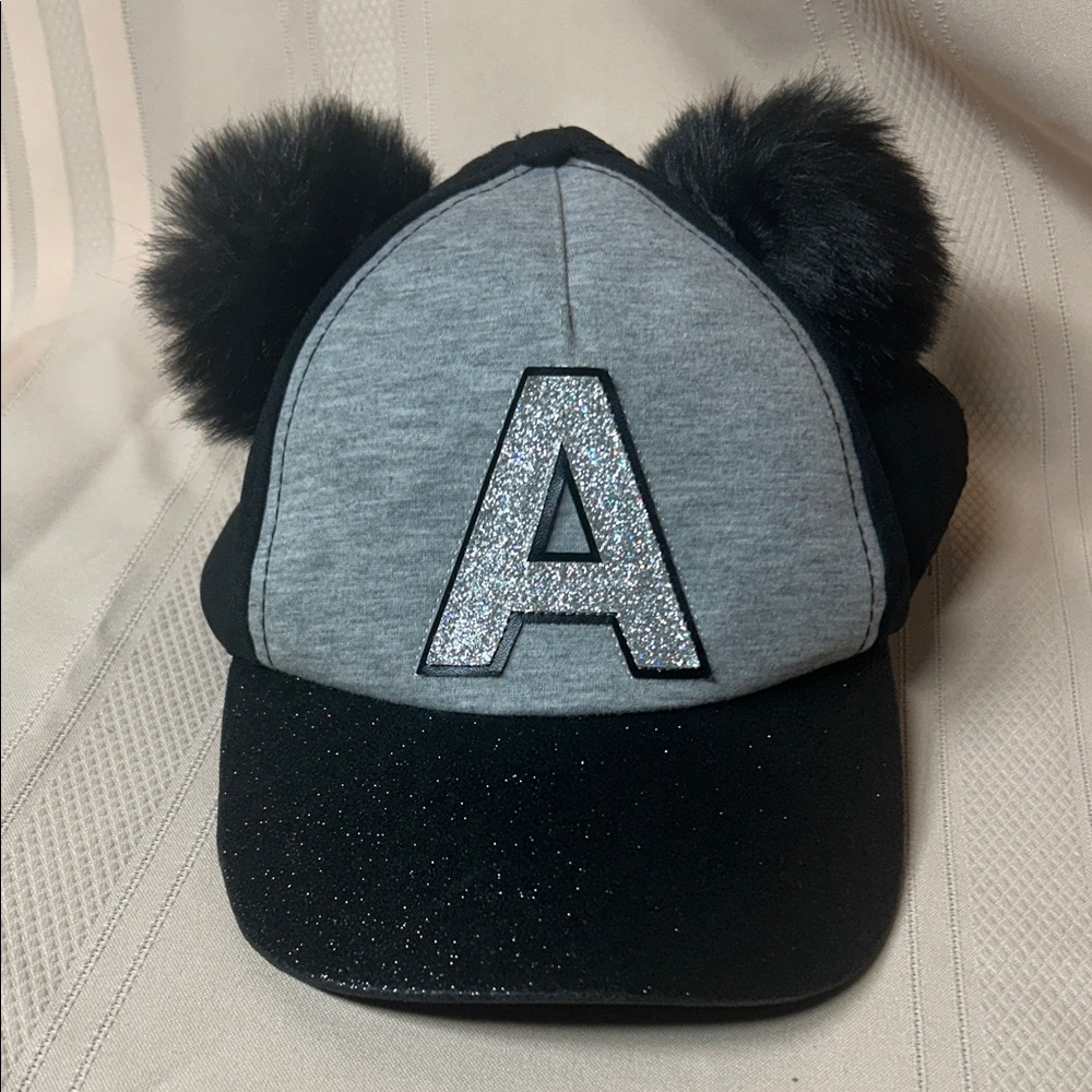Justice NEW Glitter Letter A Cap with Pom Poms - Black and Gray